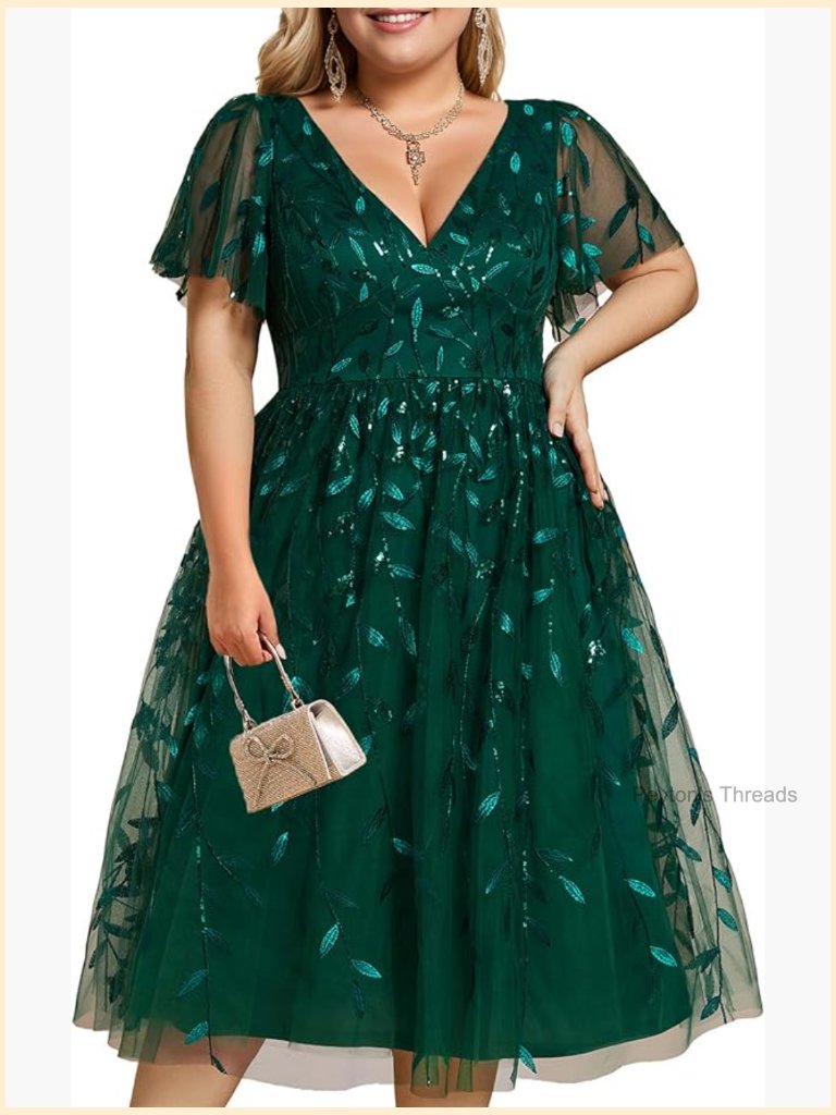 Embroidered Tulle A-Line Midi Cocktail Party Dress With Short Sleeves